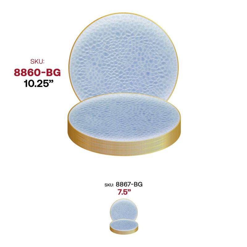 10.25" Clear Blue with Gold Rim Hammered Glass Dinner Plates (120 Plates) image number 5