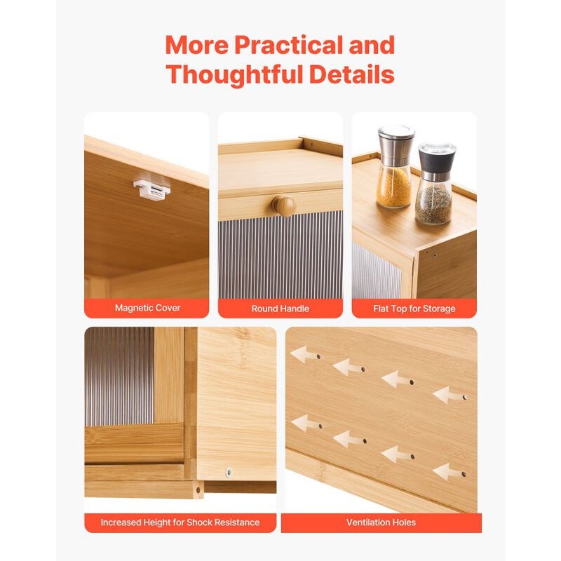 Large Wooden Bread Box for Kitchen Counter, Bread Storage Bin with Acrylic Wavy Door-Natural image number 3