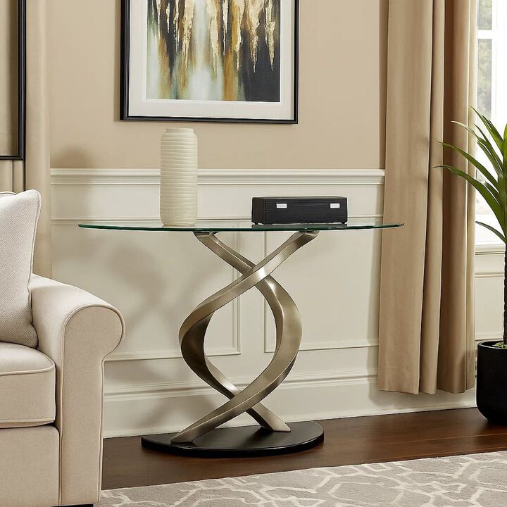 Sofa Table with Twisted Metal Base and Semi Circular Glass Top, Silver