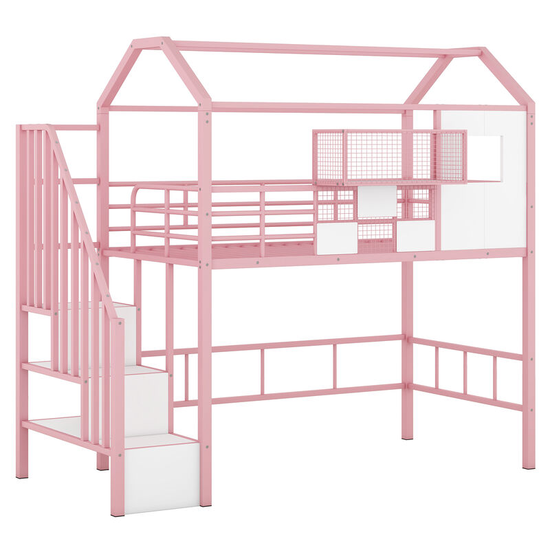 Whisen Metal Loft Bed with roof design and a storage box- Pink