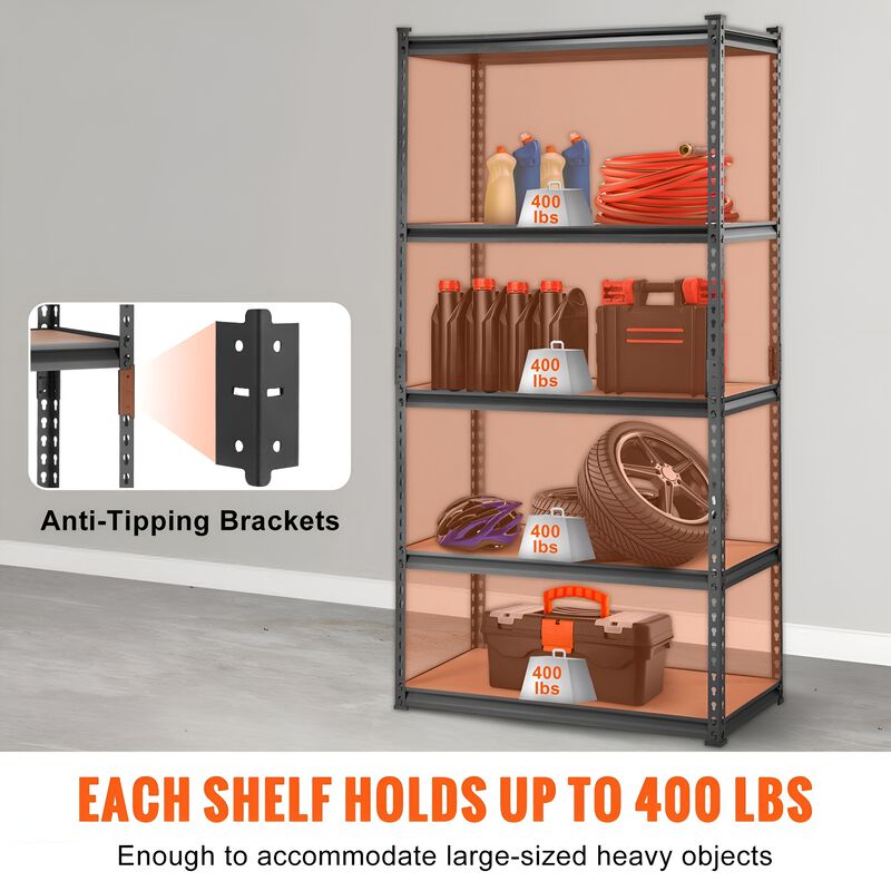 2000 Lbs 5 Tier Heavy Duty Garage Shelving 35 Inch Metal Utility Rack image number 4