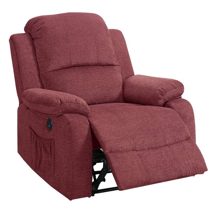 39 Inch Fabric Power Recliner with USB Port, Red-Benzara