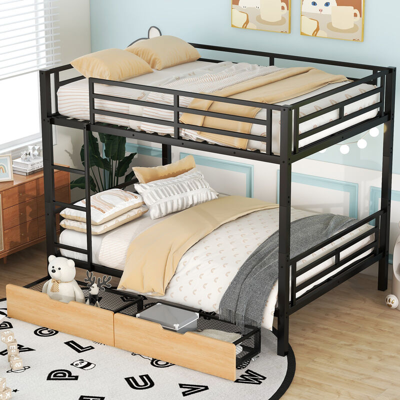Whisen Metal Full Size Convertible Bunk Bed with 2 Drawers and Ladder - Black