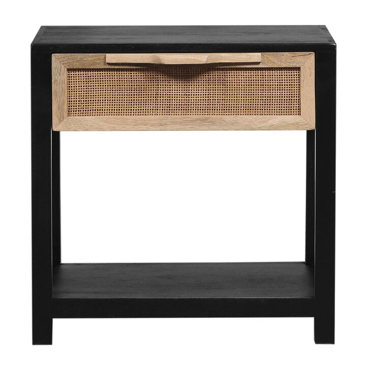 Rosette 22 Inch Side End Table, Natural Brown Rattan Front Drawer, Open Shelf, Black Mango Wood Frame