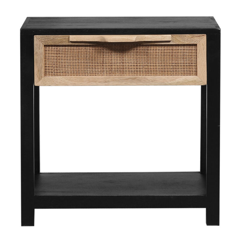 Rosette 22 Inch Side End Table, Natural Brown Rattan Front Drawer, Open Shelf, Black Mango Wood Frame