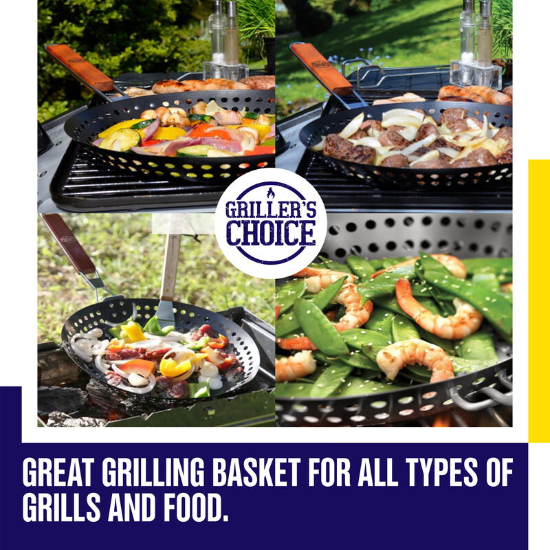 Griller's Choice Grill Basket - Large Non-Stick Commercial Skillet With Handle For Outdoor Grilling.