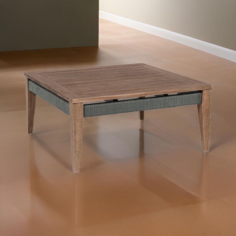 Kimi 36 Inch Outdoor Coffee Table, Brown Eucalyptus Wood, Woven Rope Apron - Benzara