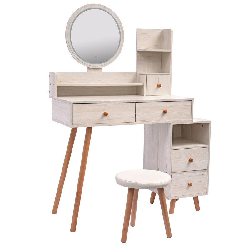 Stylish Vanity Table + Cushioned Stool, Touch Control LED Mirror, Large Capacity Storage Cabinet, 5 Drawers, Fashionable Makeup Furniture, Length Adjustable(L31.5"-43.2" x W15.8" x H48.1")