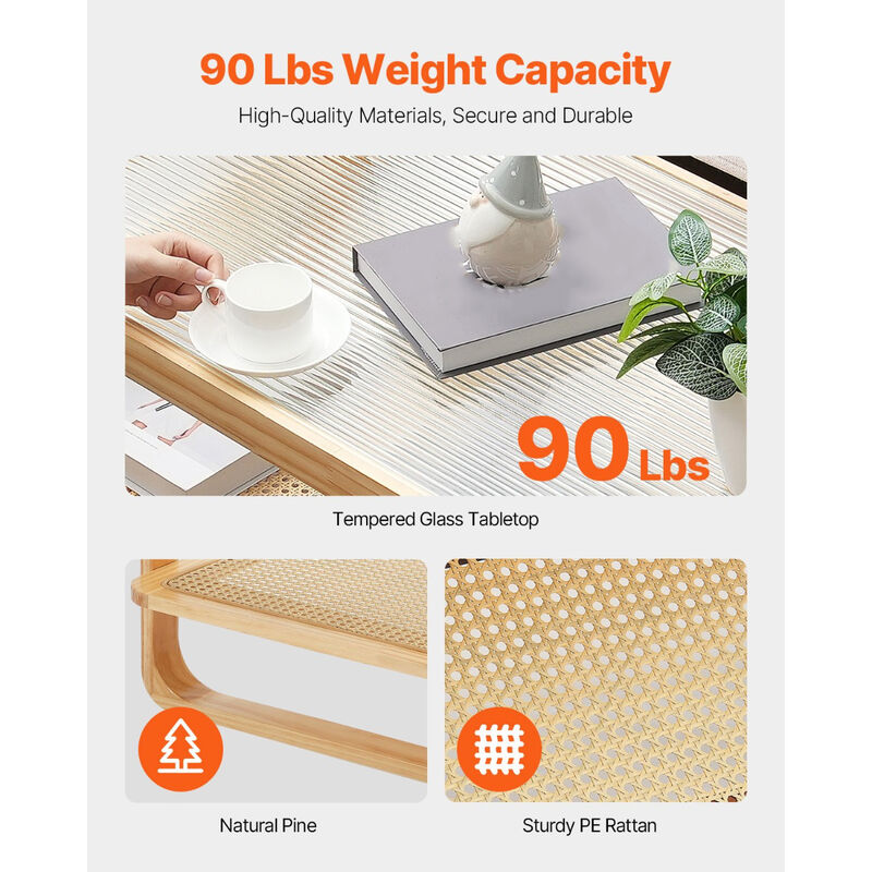 Rectangular Rattan Coffee Table with Glass Top and Wood Legs for Living Room or Bedroom