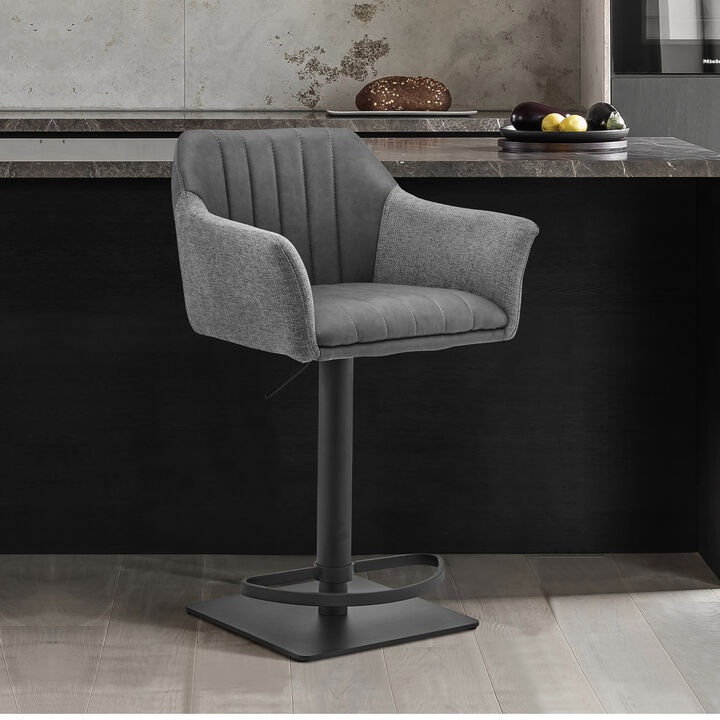 Erin Adjustable Gray Faux Leather and Fabric Metal Swivel Stool
