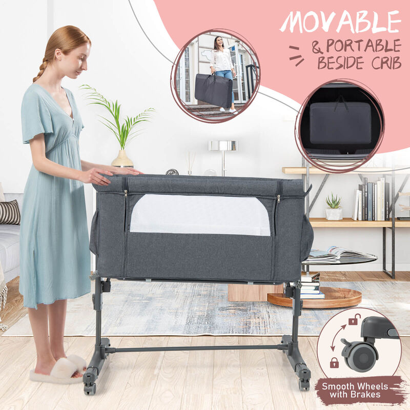 Portable Baby Bedside Bassinet with 5-level Adjustable Heights and Travel Bag