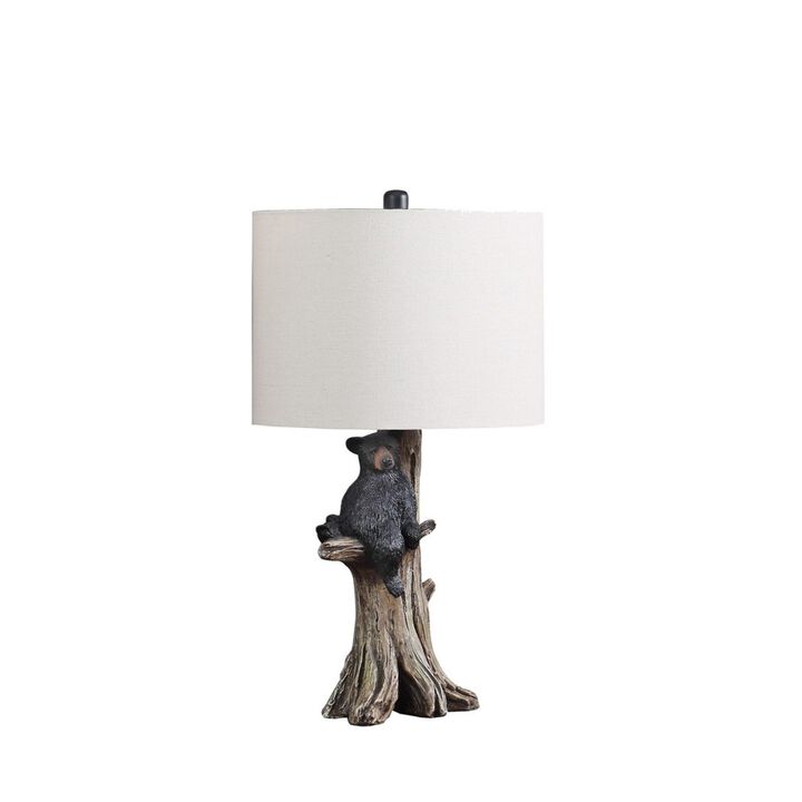 ELEMENT ACE 24.75 Inch Rustic Polyresin Black Bear On Tree Table Lamp With Beige Cotton Linen Shade, Inline On/Off Switch For Bedroom Living Room Home Decor