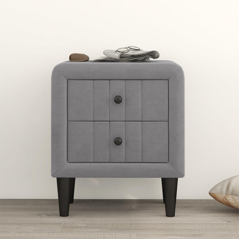 Upholstered Wooden Nightstand with 2 Drawers, Fully Assembled Except Legs and Handles, Velvet Bedside Table-Gray image number 2