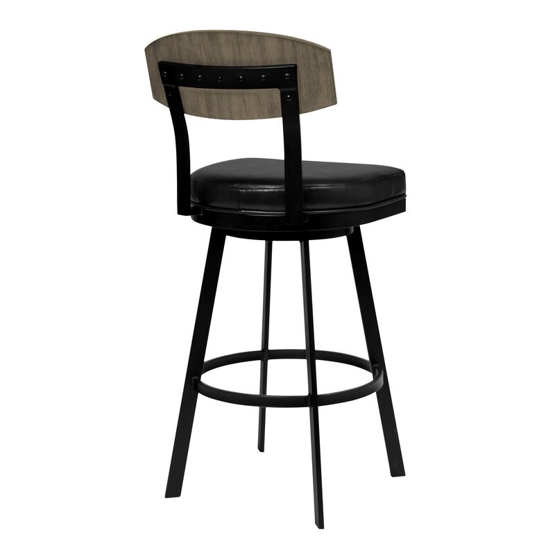 30 Inch Metal and Leatherette Swivel Barstool, Black-Benzara image number 2