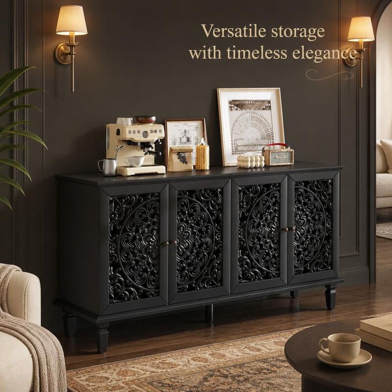 60" Antique Floral Carved Buffet Cabinet image number 4