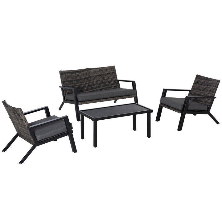 4PC Outdoor Wicker Patio Furniture Set, PE Rattan Sofa, 2 Chairs, Table, Black