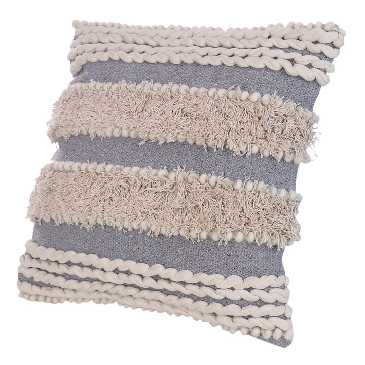 Adiv 18 x 18 Handcrafted Soft Shaggy Cotton Accent Throw Pillow, Woven Yarn, Beige, Gray- Benzara