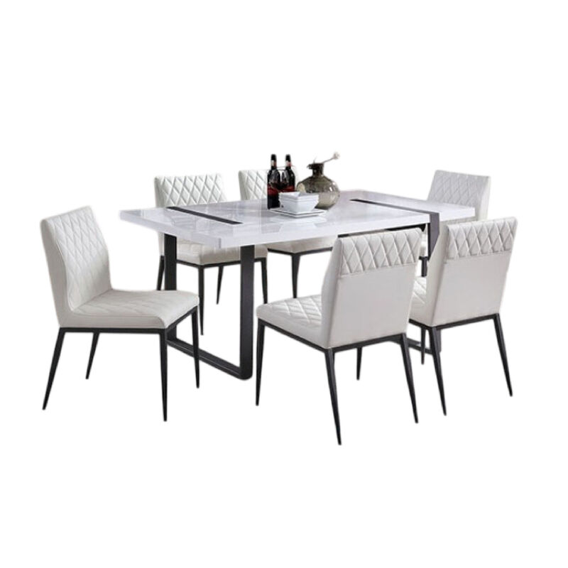 Alz 7pc Dining Table Set, 6 White Faux Leather Upholstered Chairs, Black image number 2
