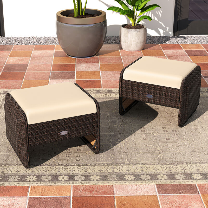Wicker Ottoman Set of 2 for Outdoor Use with Removable Cushions