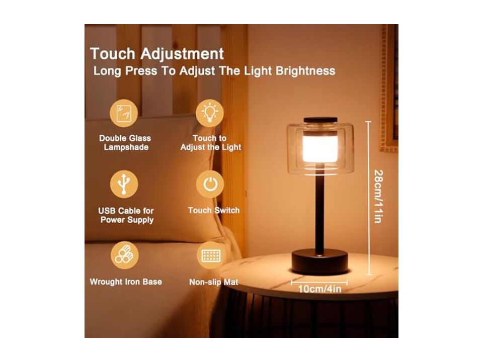 Rechargeable Dimmable Touch Control Industrial Glass Nightstand Lamp 11 Inch