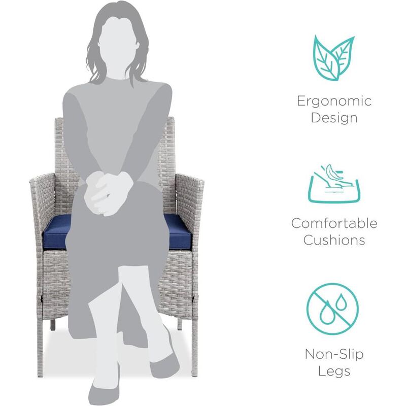 Hivvago 3-Piece Grey PE Wicker Outdoor Patio Furniture Dining Set w/ Navy Blue Cushions