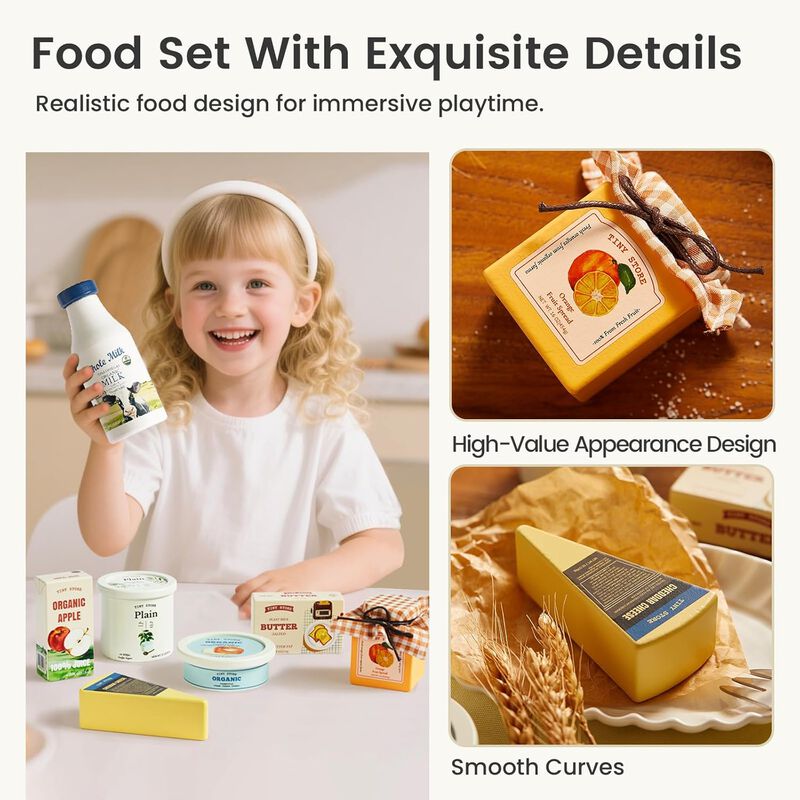Wooden Play Food for Kids Kitchen, Pretend Food Dairy Set Toy - 7Pcs Dairy & Drinks Set with for Kid, Play Kitchen Accessories, Montessori Toy image number 3