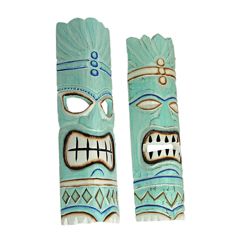Set of 2 Polynesian Tiki Mask Wall Hangings - 20" - Aqua Blue image number 1