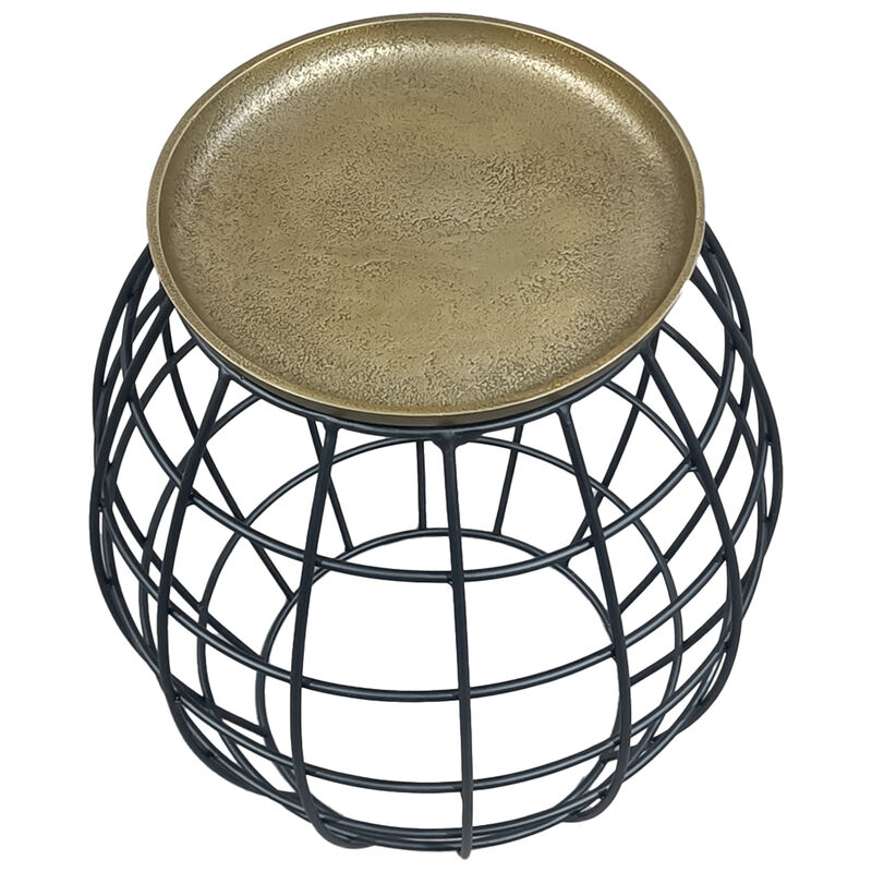 Milo 2-Piece Coffee Table and End Table Set - Round Antique Brass Tray Top with Curved Cage Design Black Iron Base