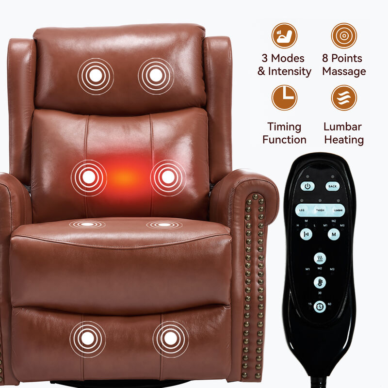 Genuine leather Heat Massage Manual Recliner Chair with Rocker and Swivel for Living Room image number 4
