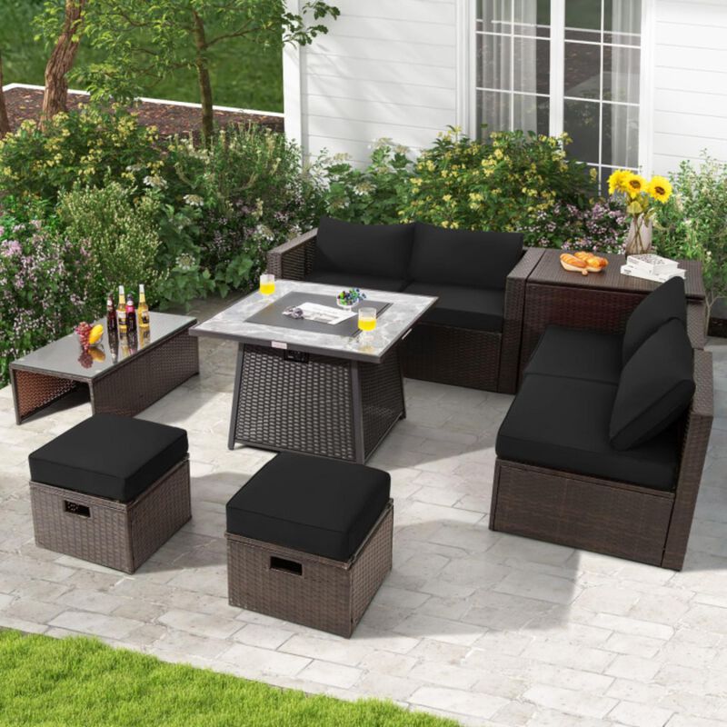 Hivvago 9 Pieces Patio PE Wicker Sectional Set with 50000 BTU Fire Pit Table
