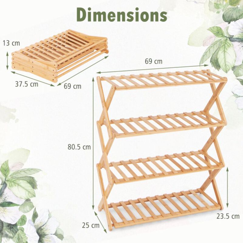 Hivvago 4-Tier Foldable Bamboo Shoe Rack with Slatted Shelves