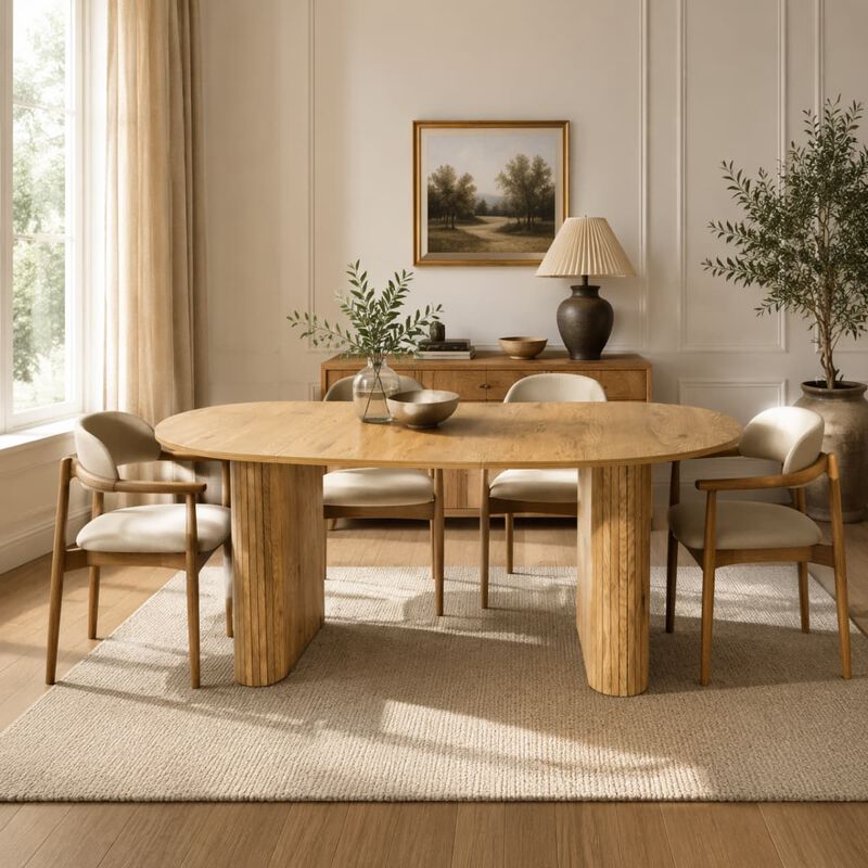 Oval dining table for 6 to 8 MDF dining table with metal frame Modern farmhouse dining table with wood strip base for kitchen image number 3