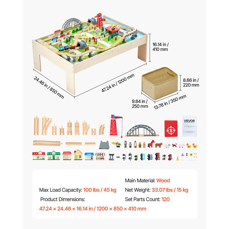 Kids Train Table with 120 Piece Wooden Train Set and Storage Bin image number 2
