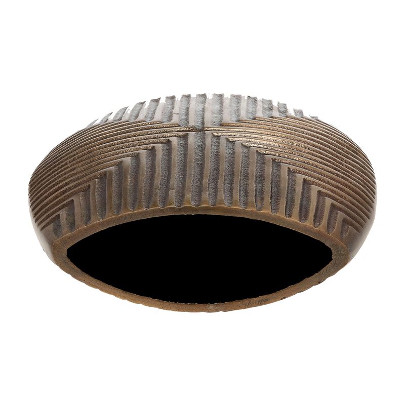 Ako 10 Inch Vase, Modern, Ribbed Body Design, Curved Top, Antique Brass - Benzara