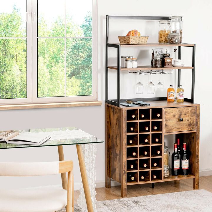 Kitchen Bakers Rack Freestanding Wine Rack Table with Glass Holder and Drawer