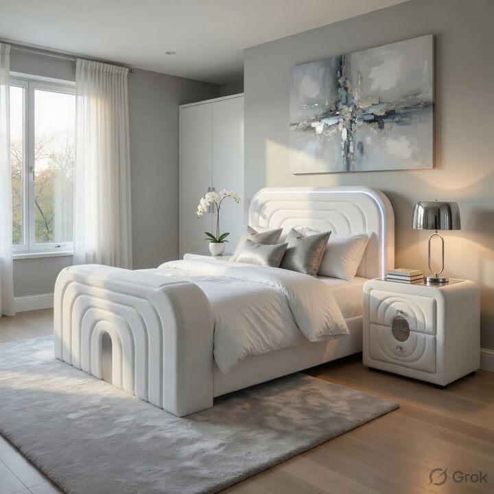Queen Size Bedroom Set, White Finish, 2-Piece Set with Bed and Nightstand