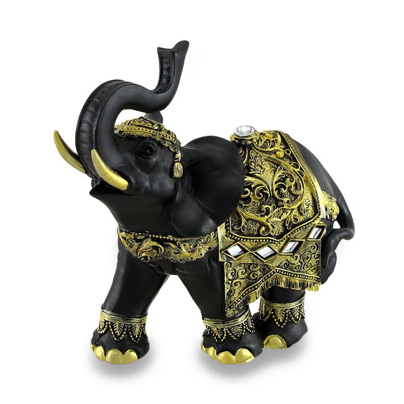 Exotic Black And Gold Finish Trunk Up Thai Elephant Statue image number 0