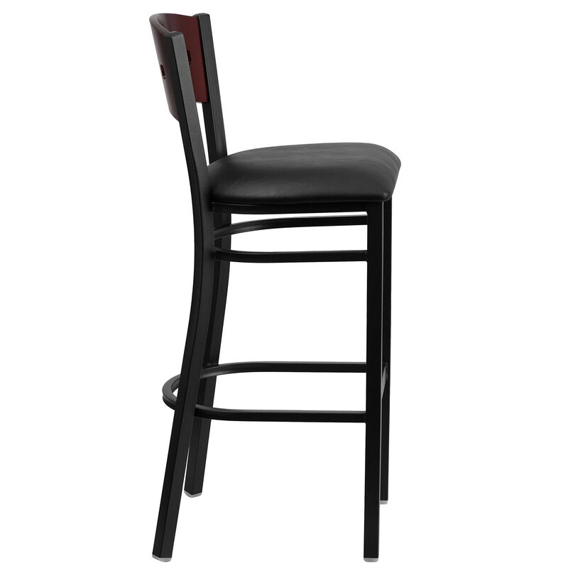 Flash Furniture HERCULES Series Black 4 Square Back Metal Restaurant Barstool - Mahogany Wood Back, Black Vinyl Seat