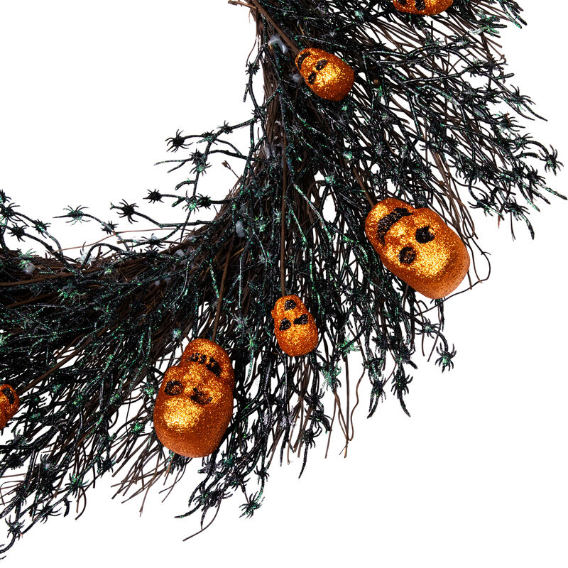 Black and Orange Skulls and Spiders Halloween Twig Wreath  22-Inch  Unlit image number 2