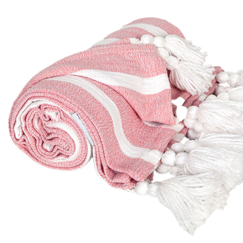 HomeRoots 50" X 60" Pink and White Woven Cotton Striped Throw Blanket with Tassels image number 2