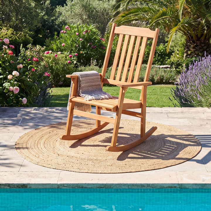 Outdoor Natural Wooden Rocking Chair with Acacia Wood High Back Design
