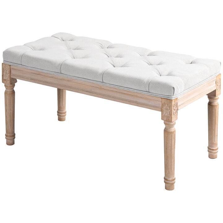 HOMCOM End of Bed Bench, French Vintage Style Linen-Feel Upholstered Bench with Button Tufted, Thick Padding and Wood Legs, 32" Bedroom Bench for Hallway, Living Room, Cream White