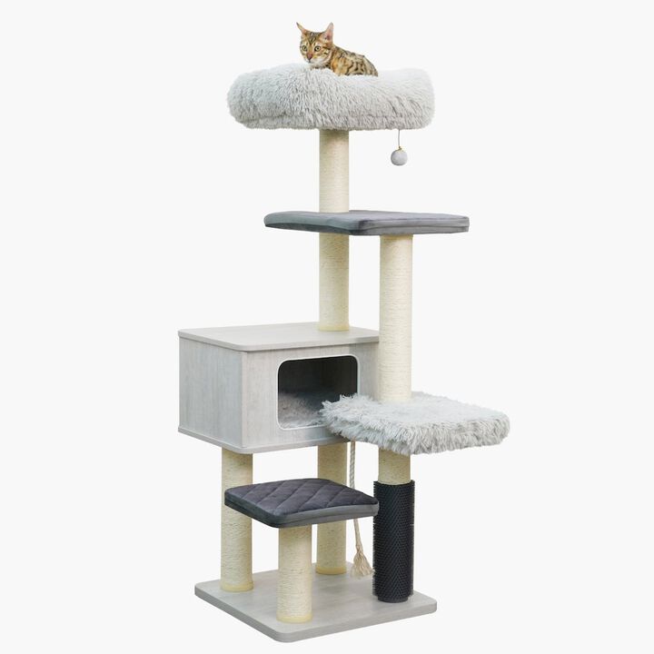 Catry 6-Level 54" Laminated Wood & Faux-Fur Cat Tree with Natural Sisal Scratchers