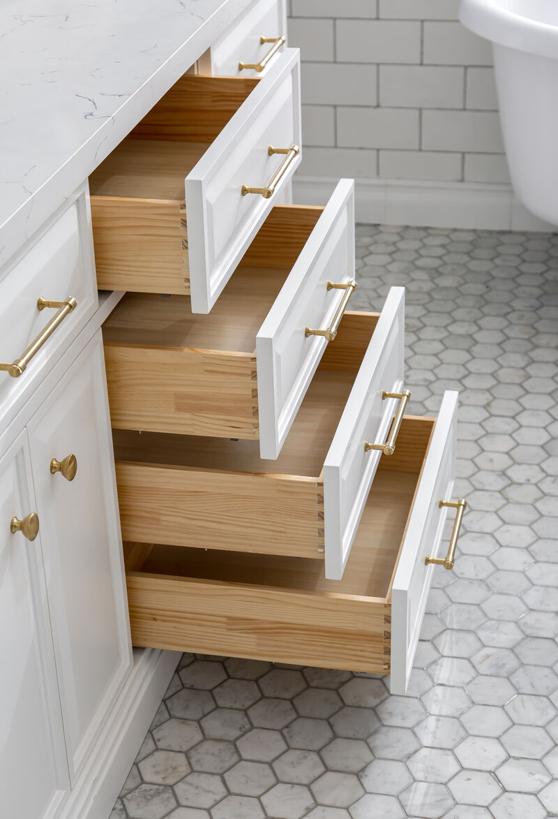 Palace 72 In. Double Sink Carrara Quartz Countertop Bath Vanity in Pure White with Satin Gold Hardware