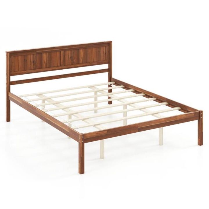 Hivvago Queen Size Retro Wood Platform Bed Frame with Headboard in Walnut
