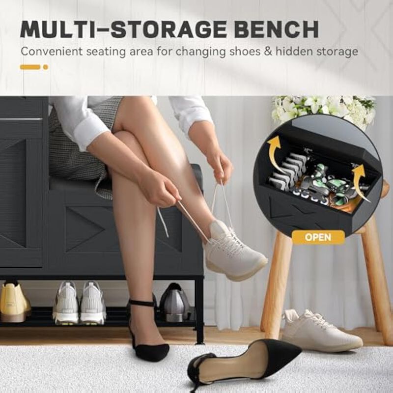 Entryway Shoe Storage Bench Flip Drawer Black Farmhouse Cabinet image number 3