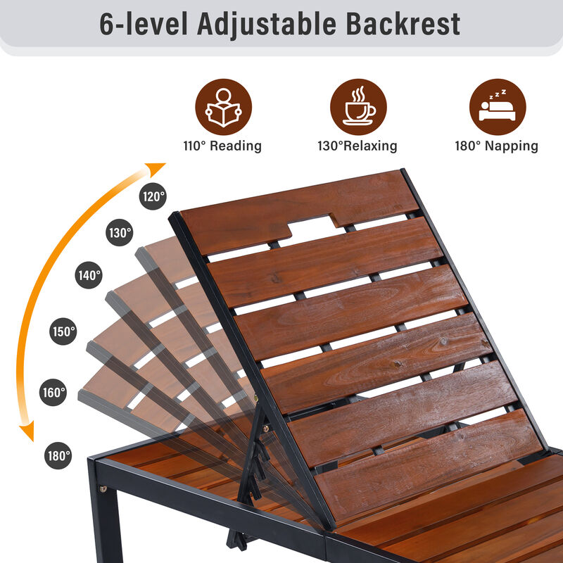Merax Outdoor Chaise Lounge | 6-Position Adjustable Backrest, Steel Frame with Acacia Wood Slat Seat image number 4