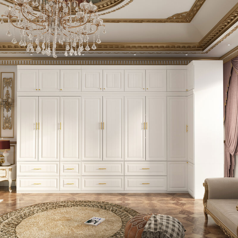 FUFU&GAGA Large Capacity Combined Wardrobe with Embossed Molded Doors, Multi-Functional Hidden Storage for Hanging and Folding Clothes, (144.9 in. W x 20.6 in. D x 93.9 in. H), White