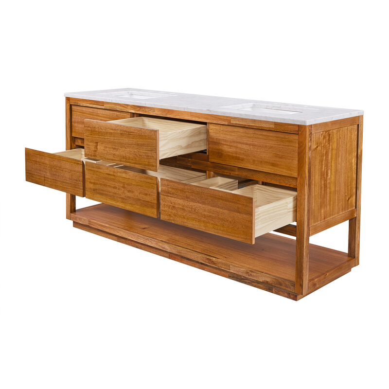 Oakman 72 In. Double Sink Carrara White Marble Countertop Bath Vanity in Mango Wood