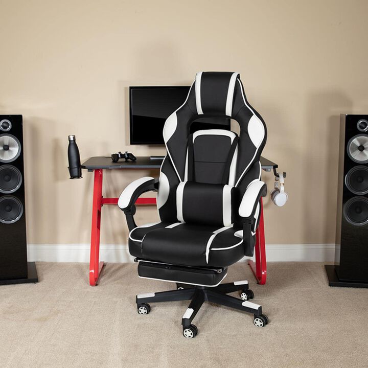 Flash Furniture Red Gaming Desk with Cup Holder/Headphone Hook & White Reclining Back/Arms Gaming Chair with Footrest